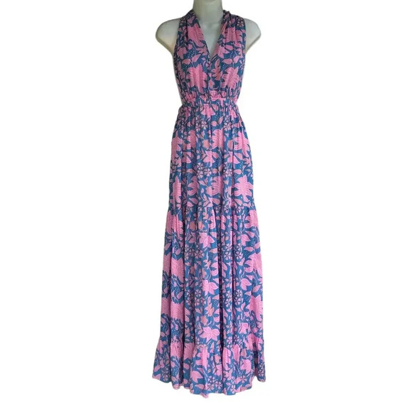 Hannah Artwear Chloe Floral Cross-Back Maxi Dress Halter Ties US Size 4 - Picture 5 of 10